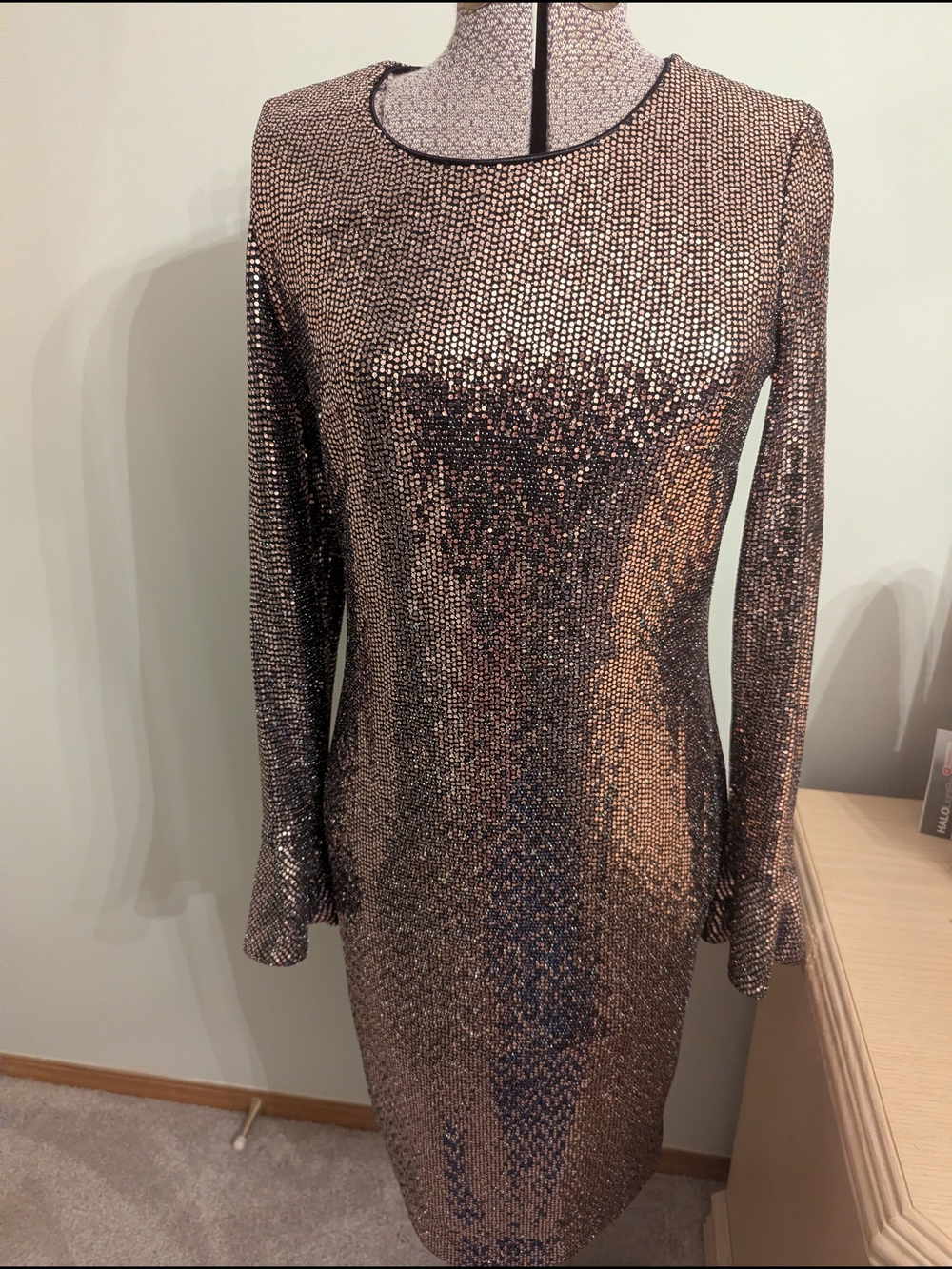 Joseph Ribkoff Metallic Rose-Gold Sequin Long-Sleeve Dress